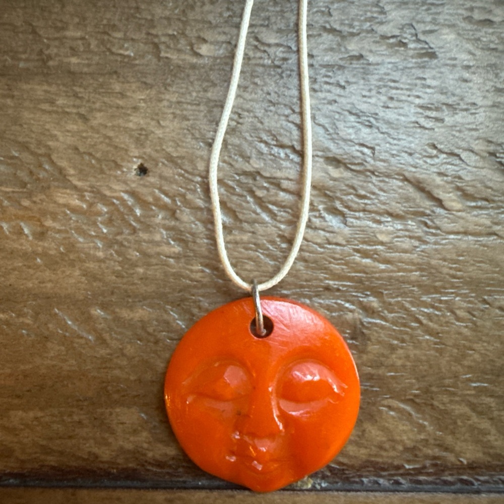 NIB Orange Sun Face handmade boho resin Pendant Necklace
